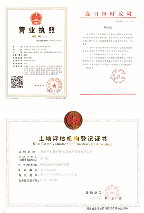 華仁資產(chǎn)評(píng)估房地產(chǎn)估價(jià)有限公司營(yíng)業(yè)執(zhí)照、資產(chǎn)評(píng)估備案公告、土地評(píng)估機(jī)構(gòu)登記證書.jpg